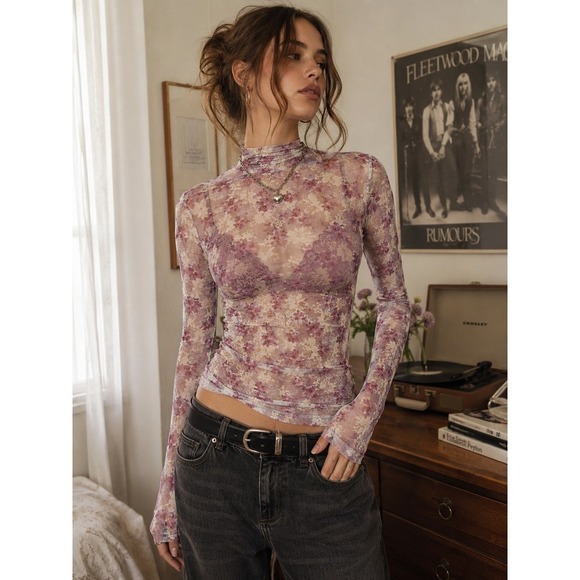 Intimately By Free People Tops - Intimately Free People Floral Mesh Top M Sheer Mock Neck Long Sleeve Y2K